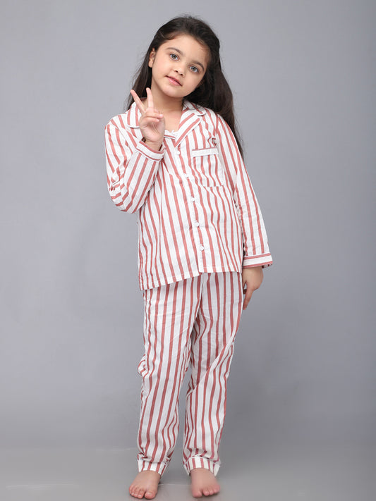 Red & White Striped Full Sleeves Nightsuit for Girls & Boys