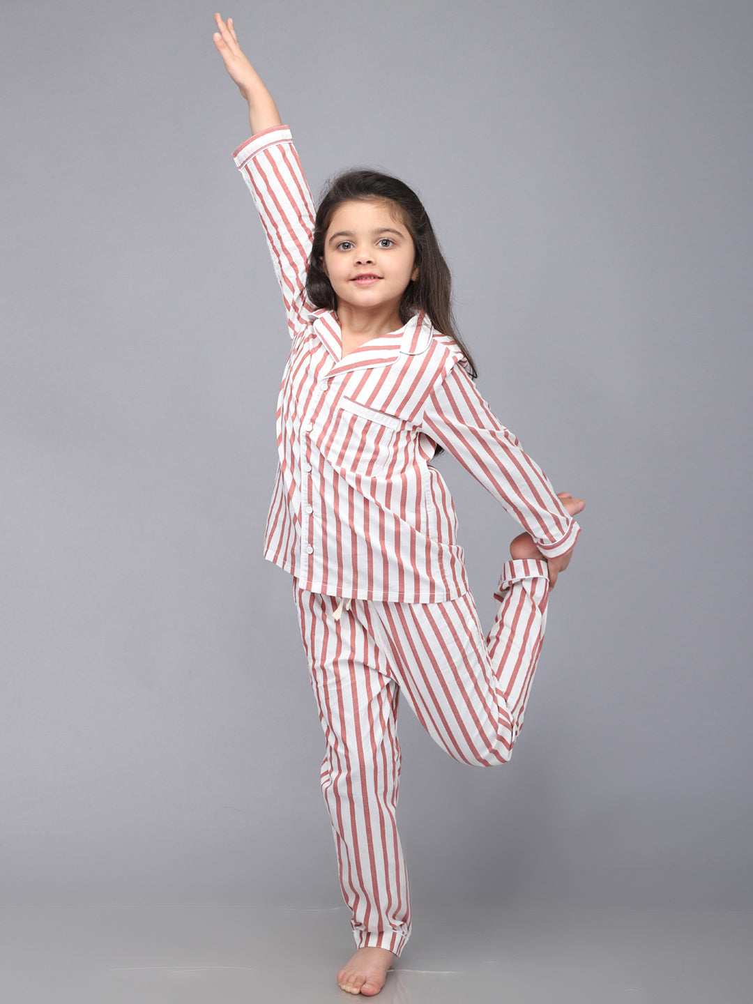 Red & White Striped Full Sleeves Nightsuit for Girls & Boys