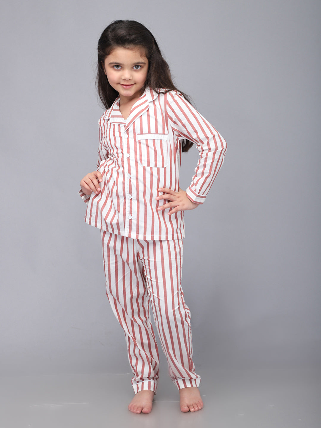 Red & White Striped Full Sleeves Nightsuit for Girls & Boys