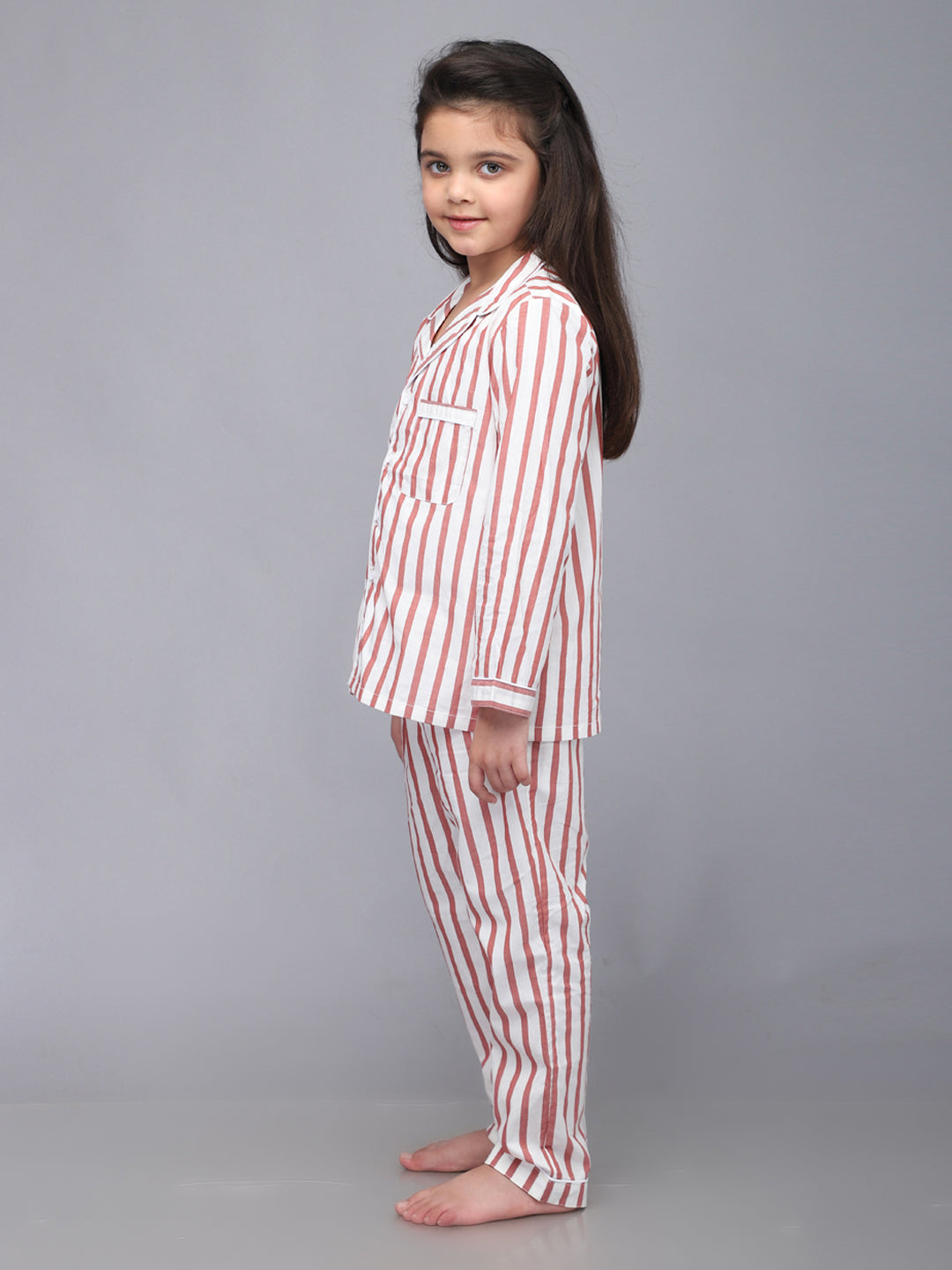 Red & White Striped Full Sleeves Nightsuit for Girls & Boys