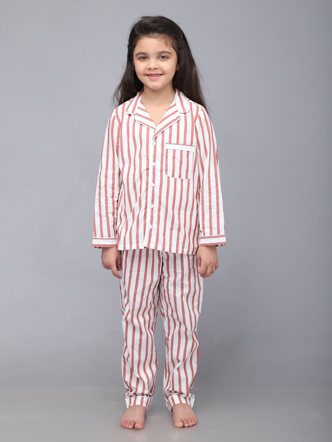 Red & White Striped Full Sleeves Nightsuit for Girls & Boys