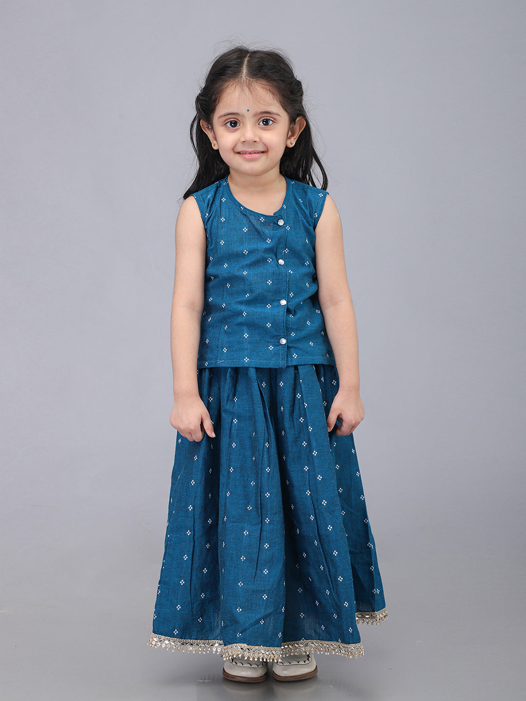 Handloom Cotton Infant Girls Lehenga Set - Blue