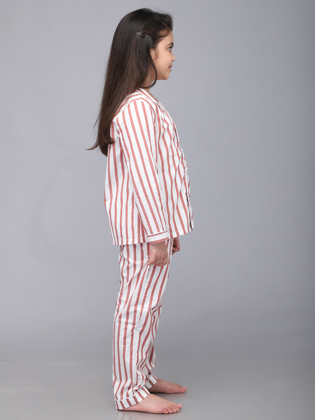 Red & White Striped Full Sleeves Nightsuit for Girls & Boys