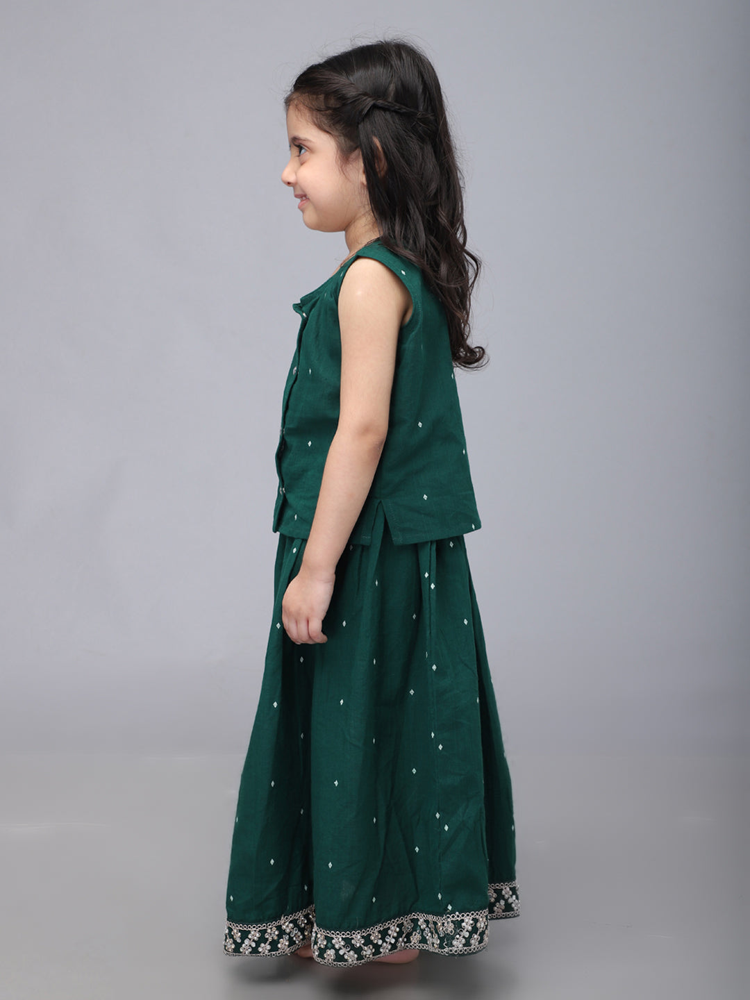 Conjunto de lehenga de algodón telar manual para bebé niña - Verde