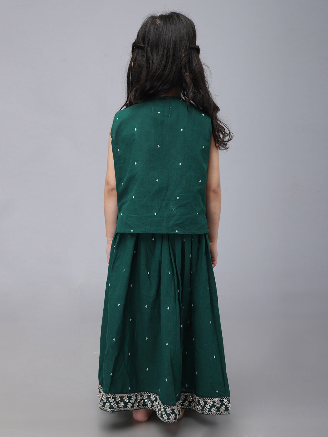 Conjunto de lehenga de algodón telar manual para bebé niña - Verde