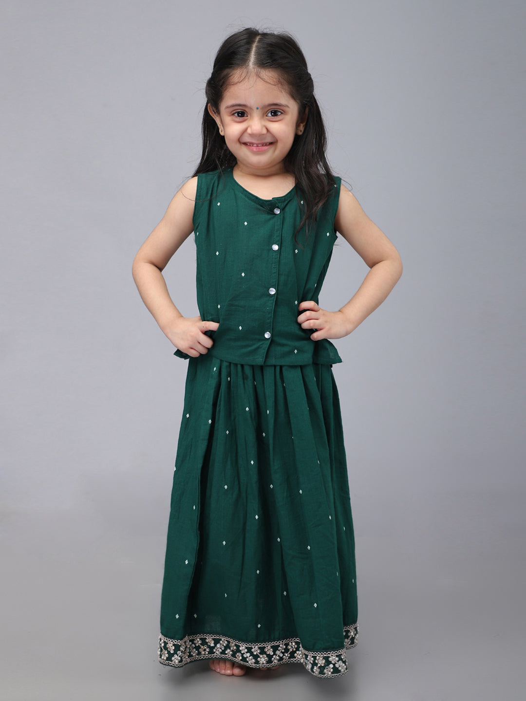 Conjunto de lehenga de algodón telar manual para bebé niña - Verde