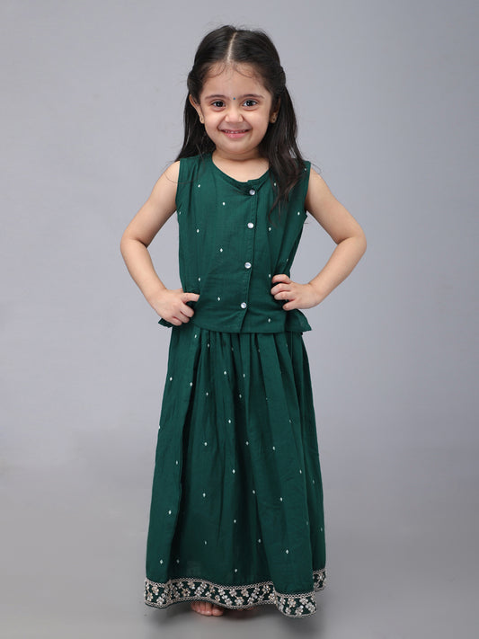 Handloom Cotton Infant Girls Lehenga Set - Green