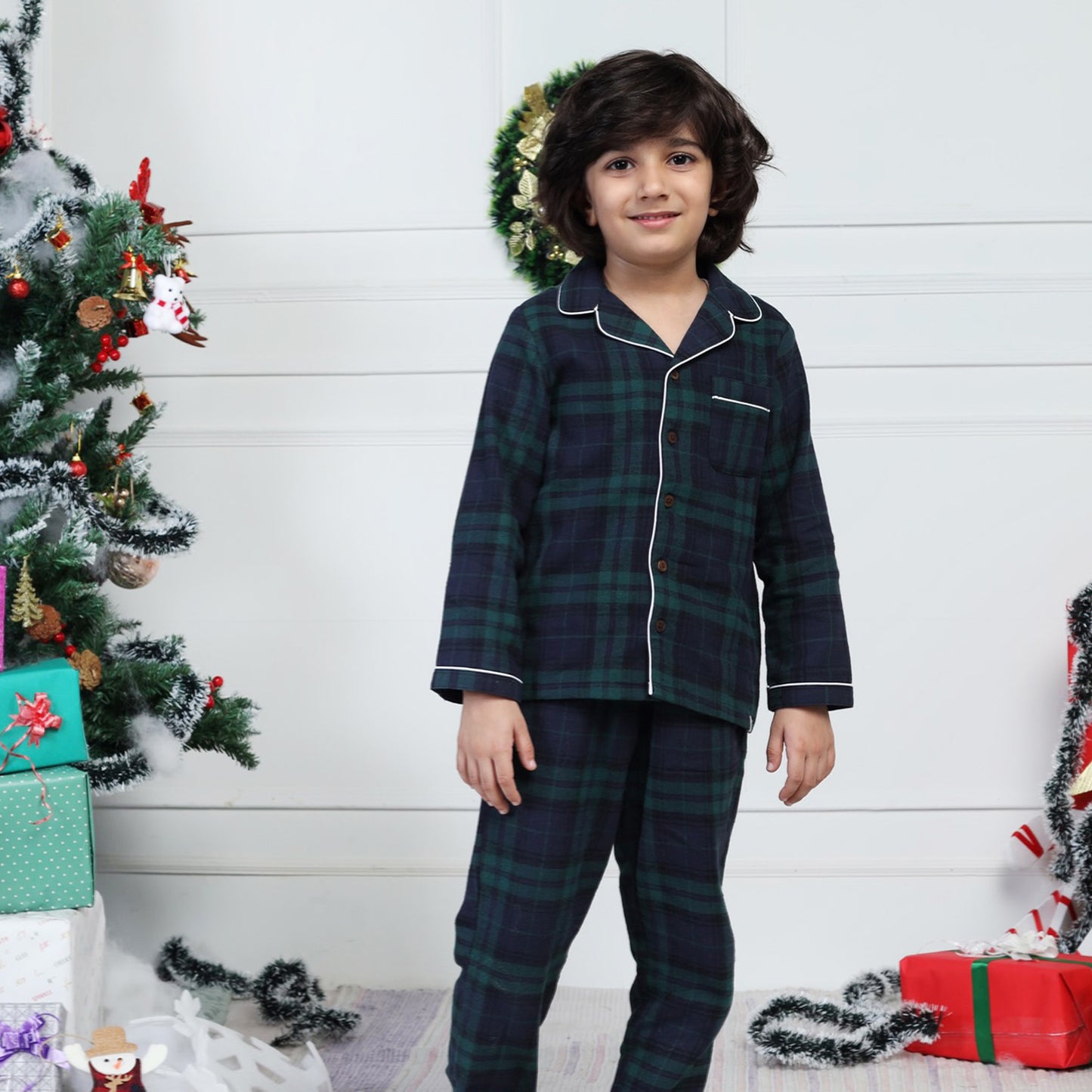 Classic Christmas Green Plaid PJ Set for Girls & Boys