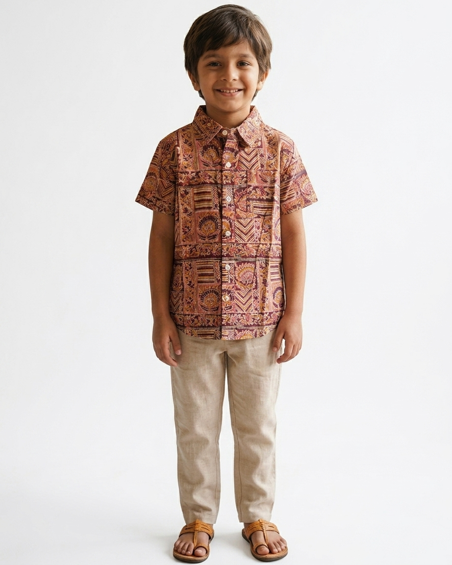 Biglilpeople Boys Ethnic Print Mandarin Collar Short Sleeves Shirt