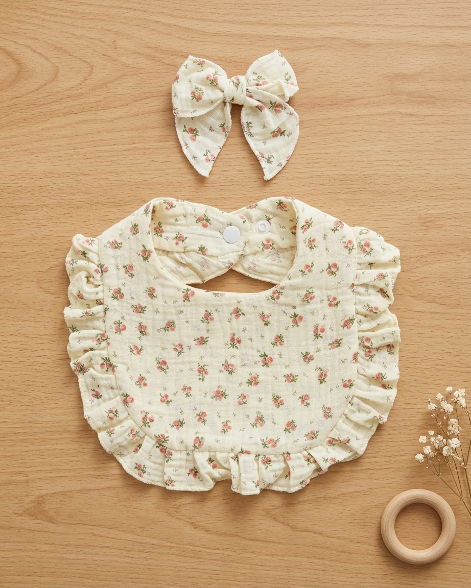Set de babero y diadema florales para bebé – Algodón suave