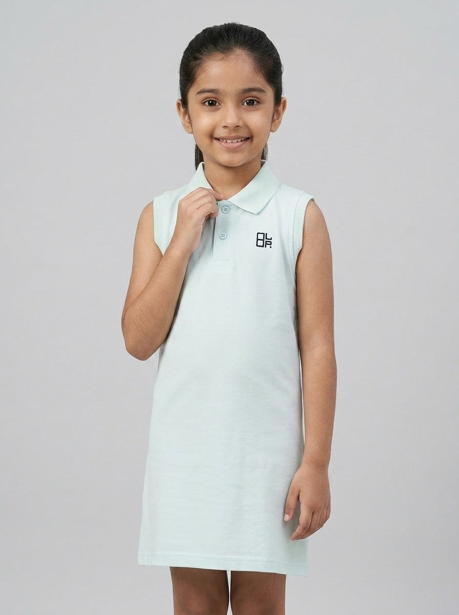 Girls Pure Cotton Light Blue Color Polo Sleeveless thigh length dress