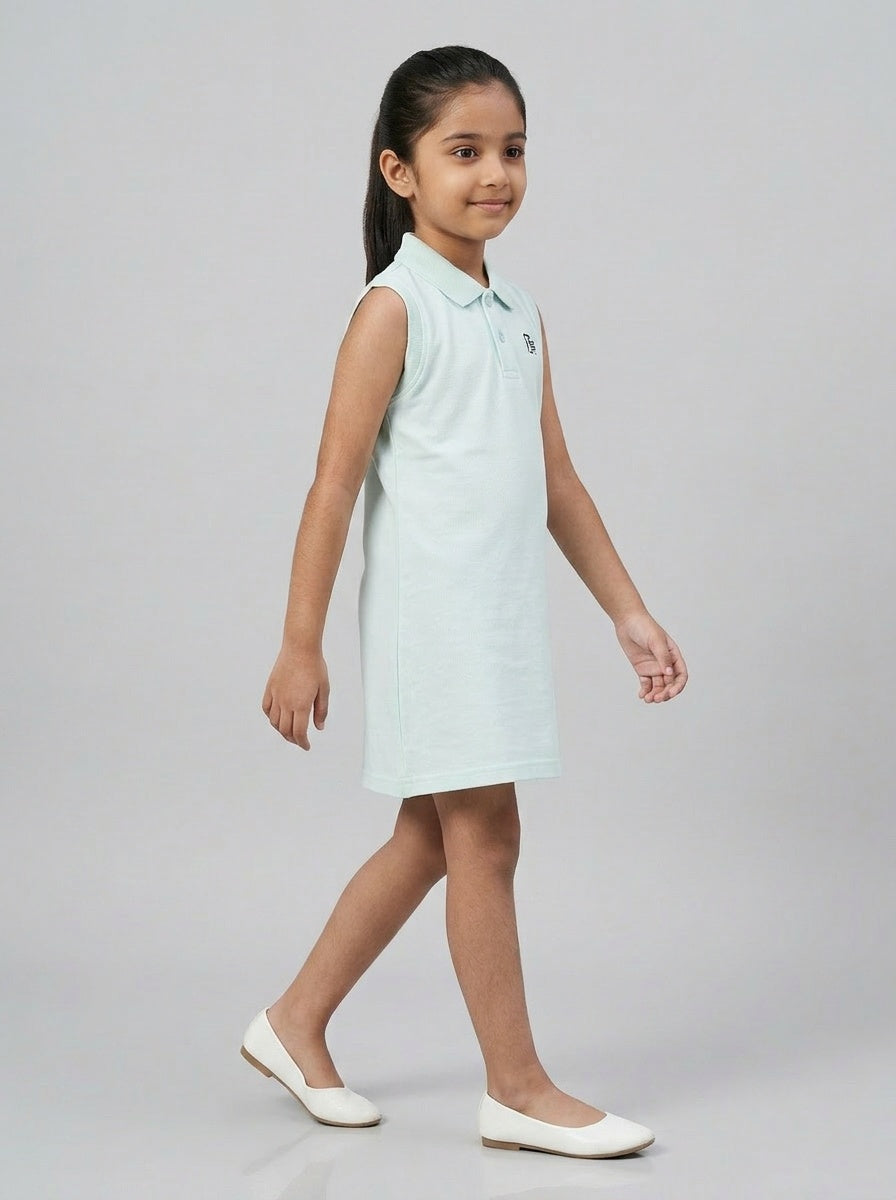 Girls Pure Cotton Light Blue Color Polo Sleeveless thigh length dress
