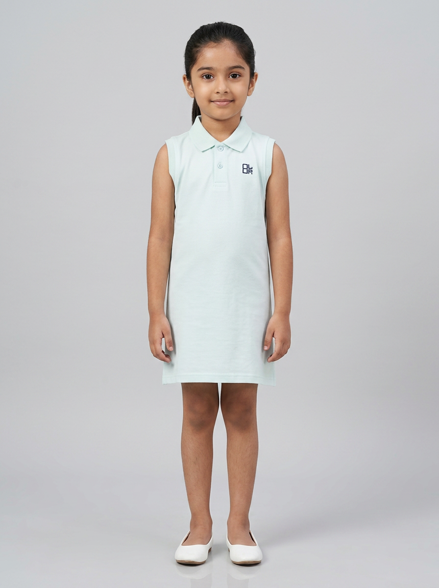 Girls Pure Cotton Light Blue Color Polo Sleeveless thigh length dress