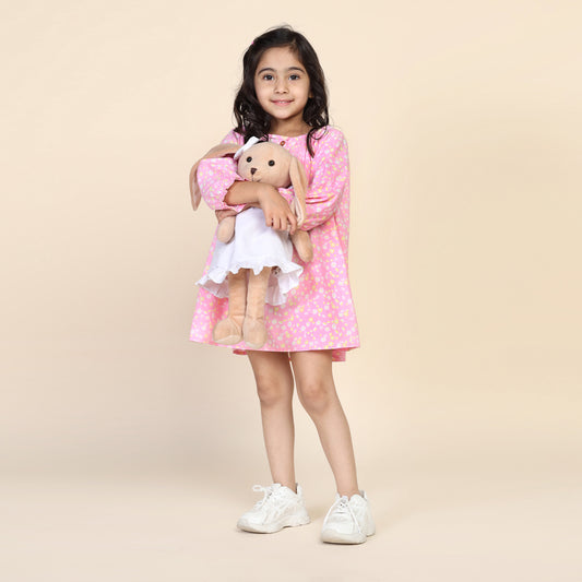 Antifit Nightdress for Girls in Pink & Yellow Floral Print