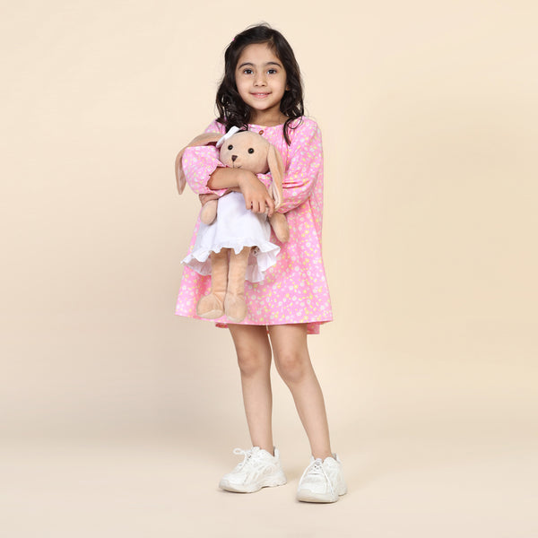 Antifit Nightdress for Girls in Pink & Yellow Floral Print