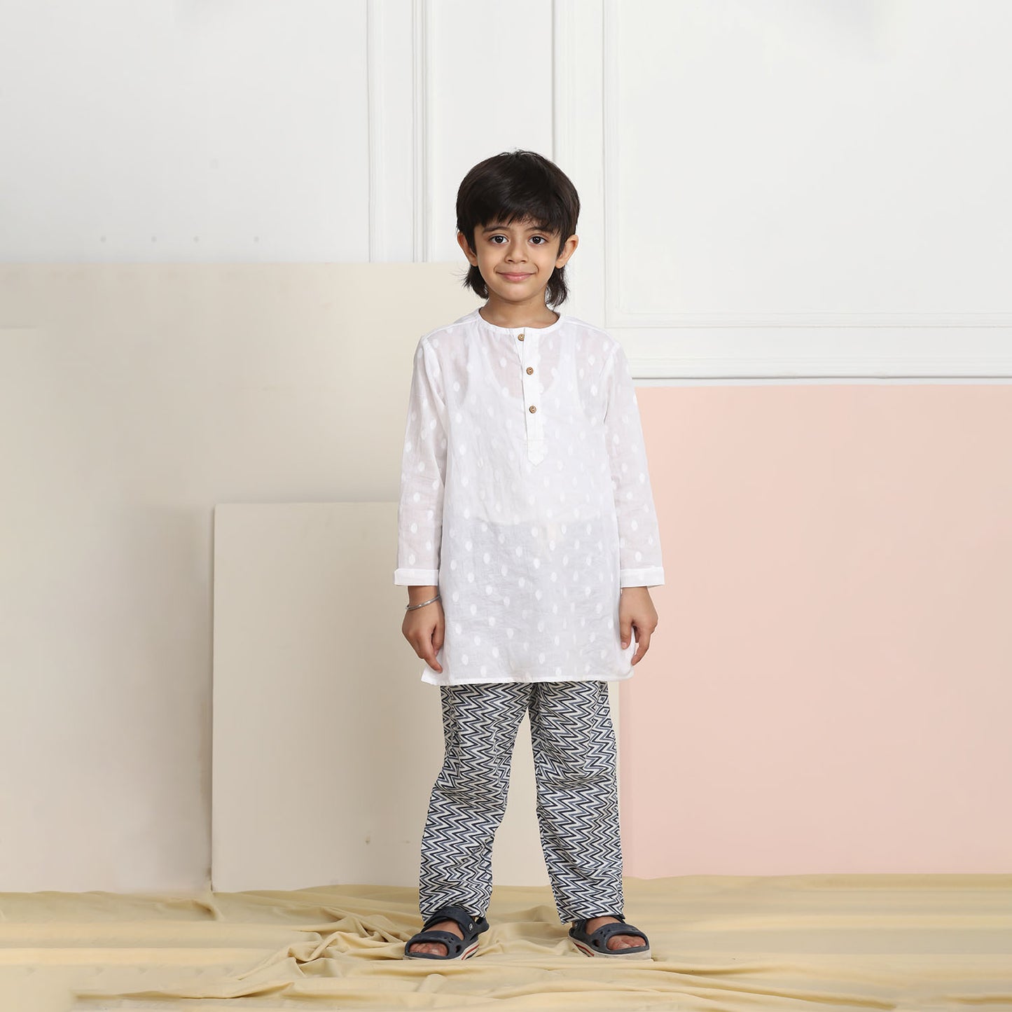 Unisex Grandpa Kurta Set - White with Blue Pyjama