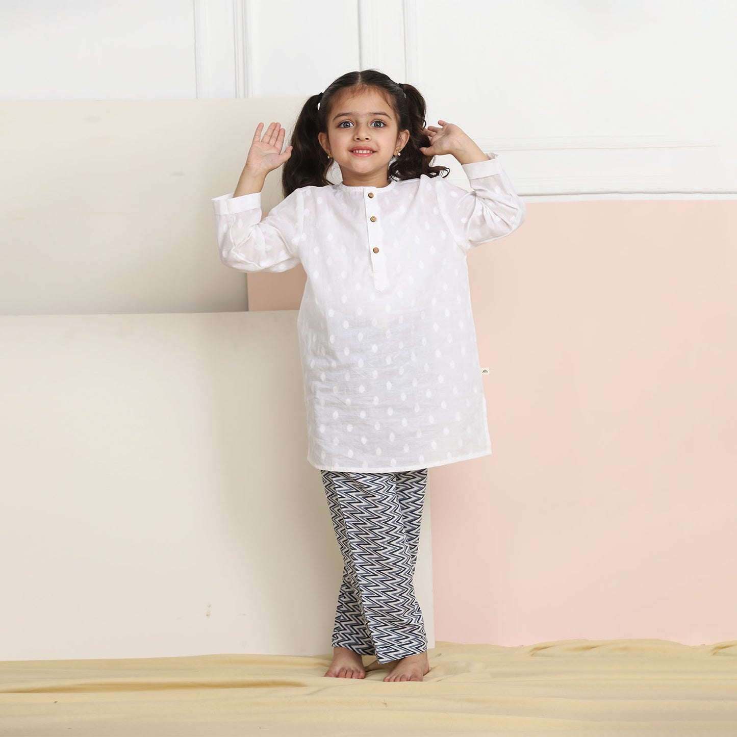 Unisex Grandpa Kurta Set - White with Blue Pyjama