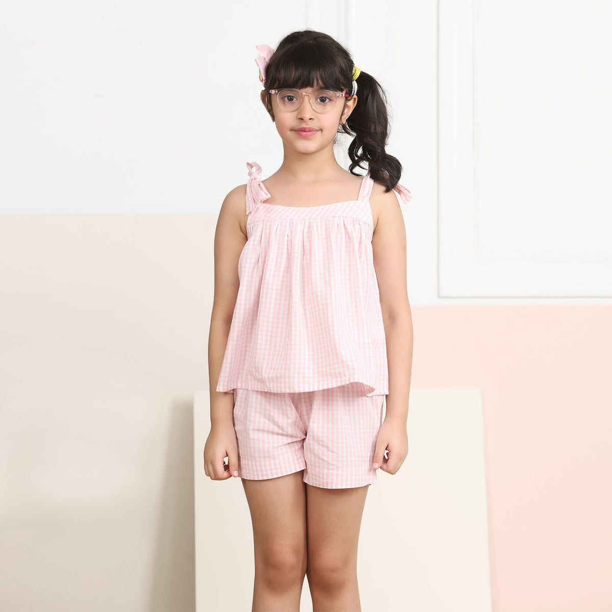 Coord Shorts Set- Pink & White Checks