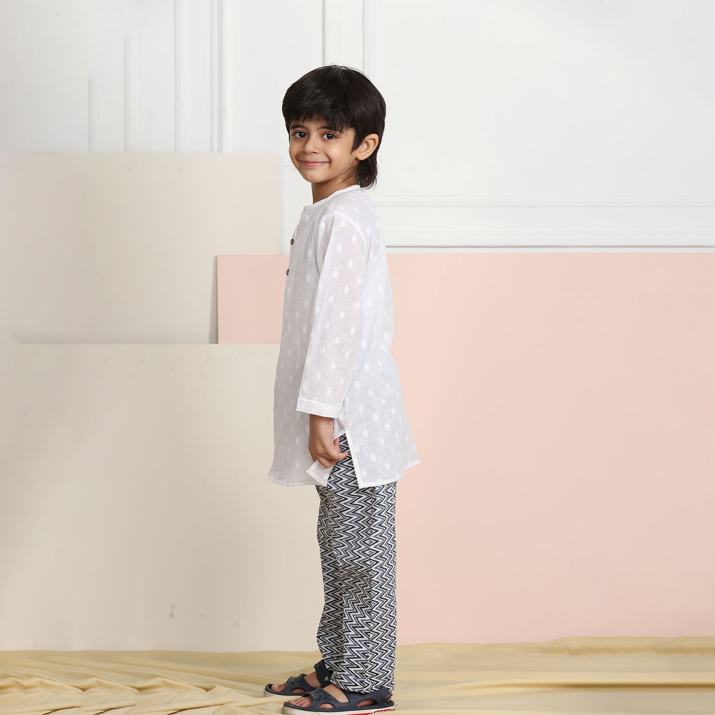 Unisex Grandpa Kurta Set - White with Blue Pyjama