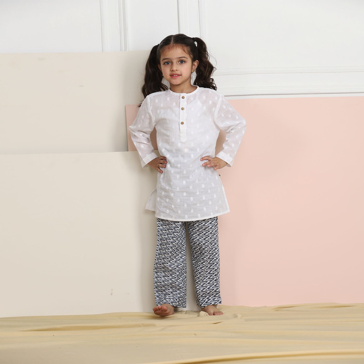 Unisex Grandpa Kurta Set - White with Blue Pyjama