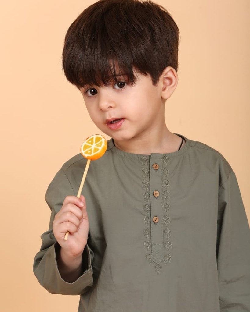 Unisex Grandpa Kurta Set with Hand-Embroidered Neckline