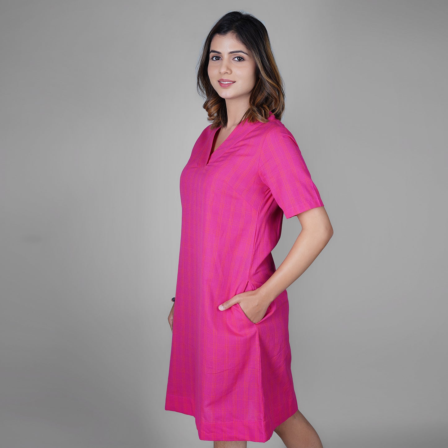 Pink & Orange Checked Handloom Cotton A-Line Dress for Women