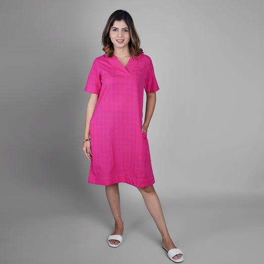 Pink & Orange Checked Handloom Cotton A-Line Dress for Women