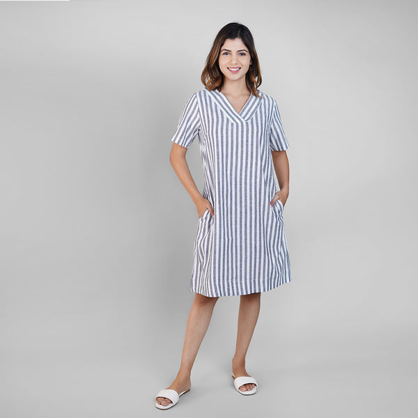 White & Grey Striped Linen A-Line Dress for Women