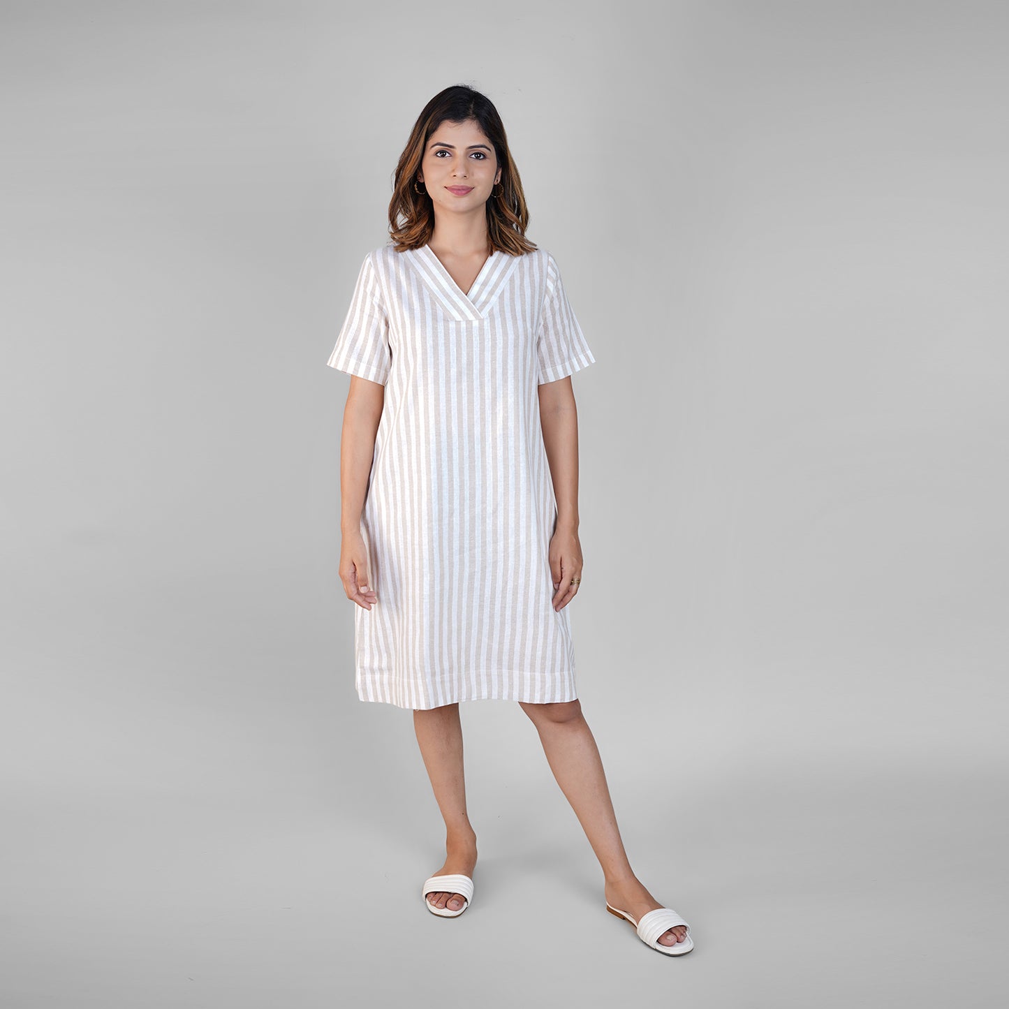 White & Beige Striped Linen A-Line Dress for Women