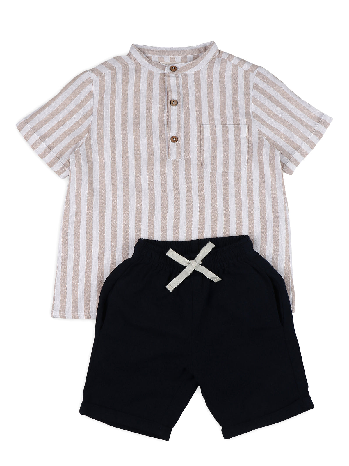 Conjuntos de ropa de lino estilo mandarín para niños - Beige y azul marino