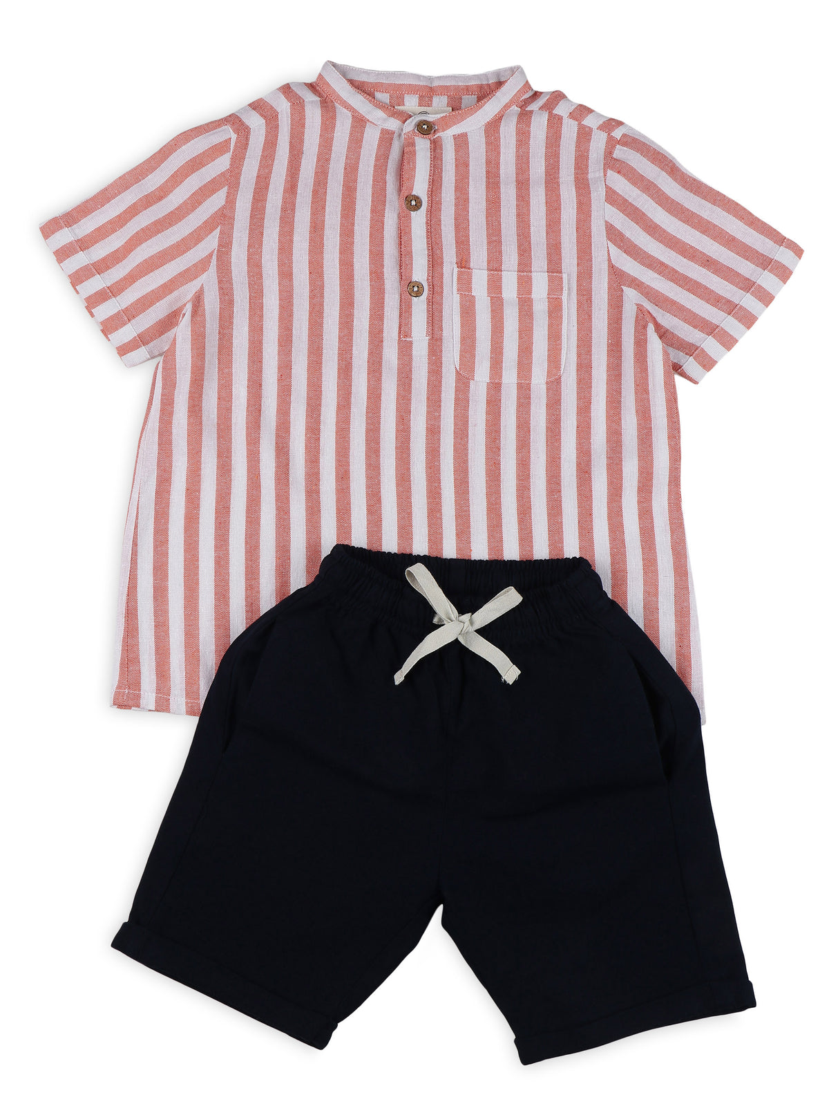 Conjuntos de ropa de lino estilo mandarín para niños - Naranja y azul marino