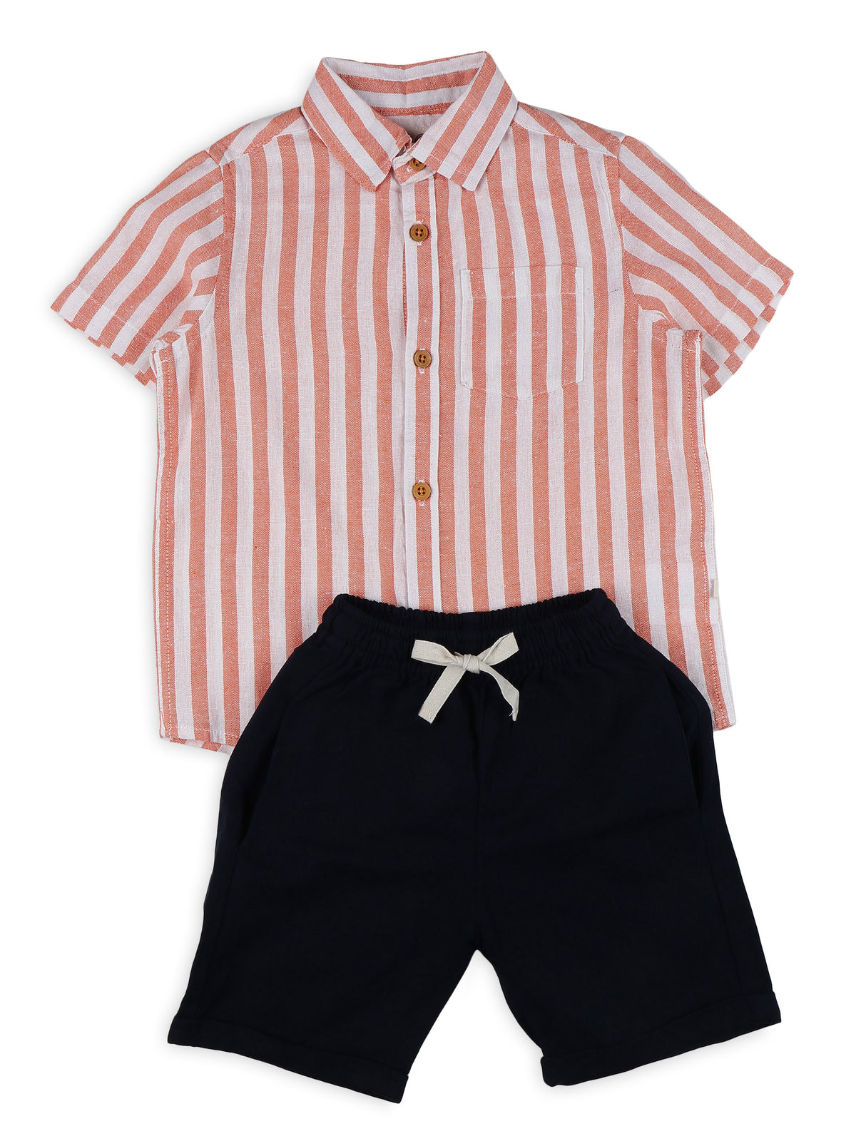 Spread Collar Linen Clothing Sets for Boys- Orange & Navy
