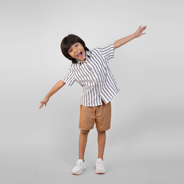 Spread Collar Linen Clothing Sets for Boys- Grey & Brown