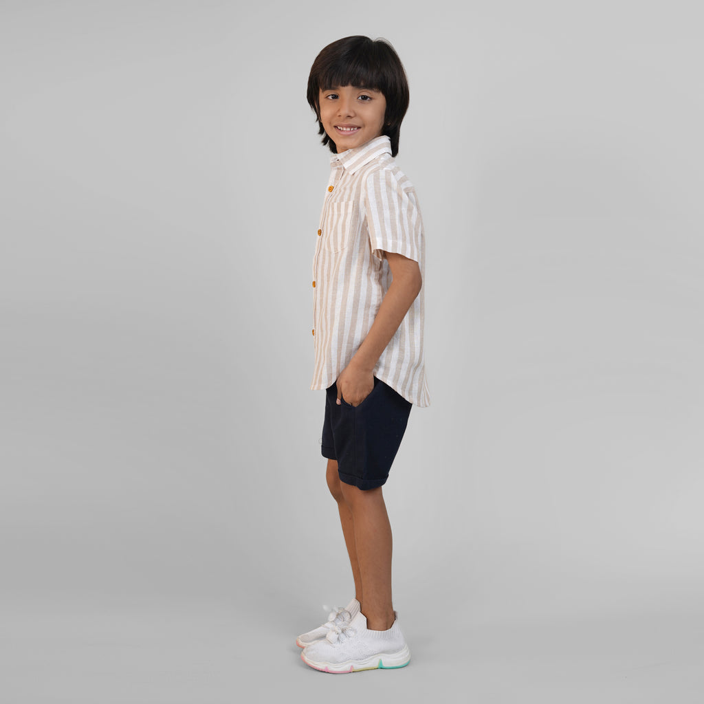 Conjuntos de Ropa de Lino con Cuello Abierto para Niños - Beige y Azul Marino