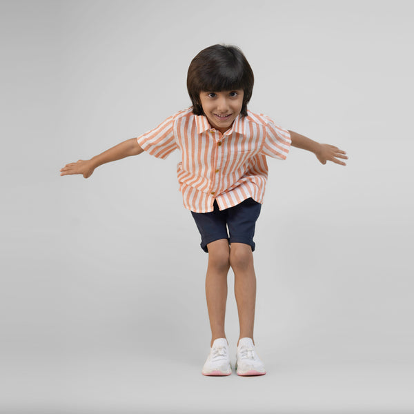 Spread Collar Linen Clothing Sets for Boys- Orange & Navy