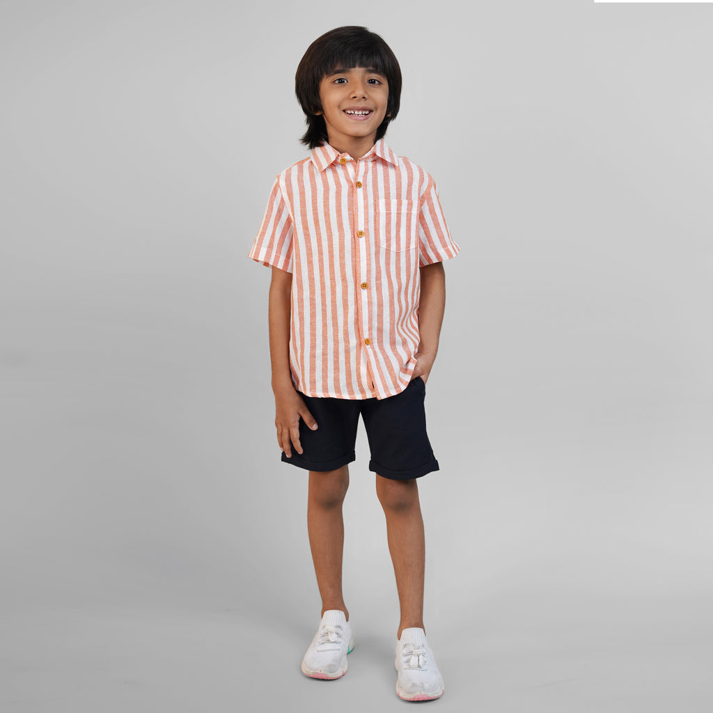 Spread Collar Linen Clothing Sets for Boys- Orange & Navy