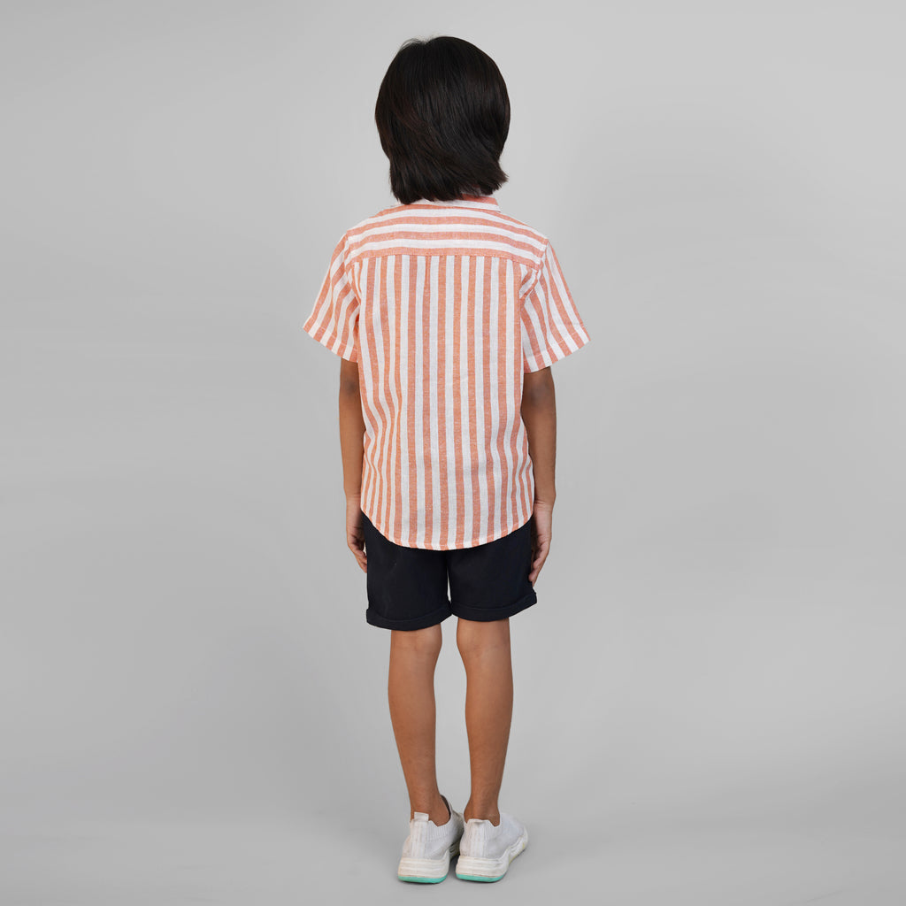 Spread Collar Linen Clothing Sets for Boys- Orange & Navy