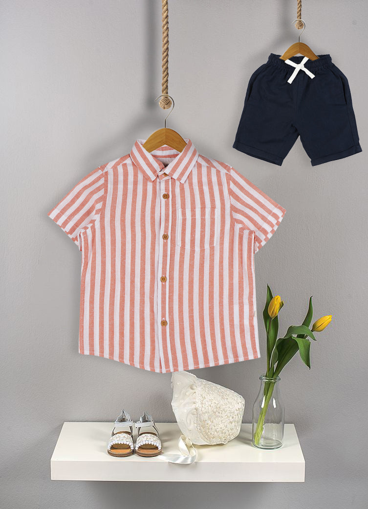 Spread Collar Linen Clothing Sets for Boys- Orange & Navy