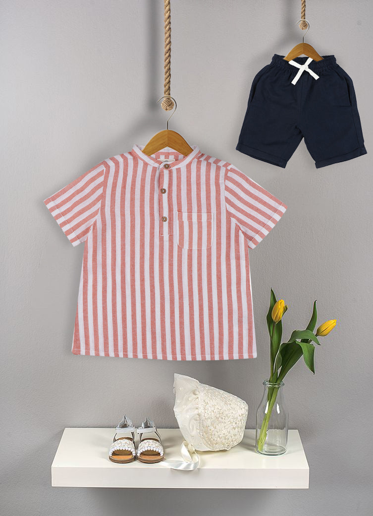 Mandarin Style Linen Clothing Sets for Boys- Orange & Navy