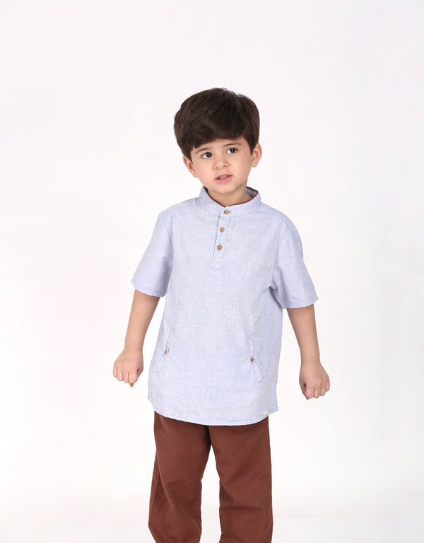 Mandarin Collar Blue Shirt with Brown Joggers