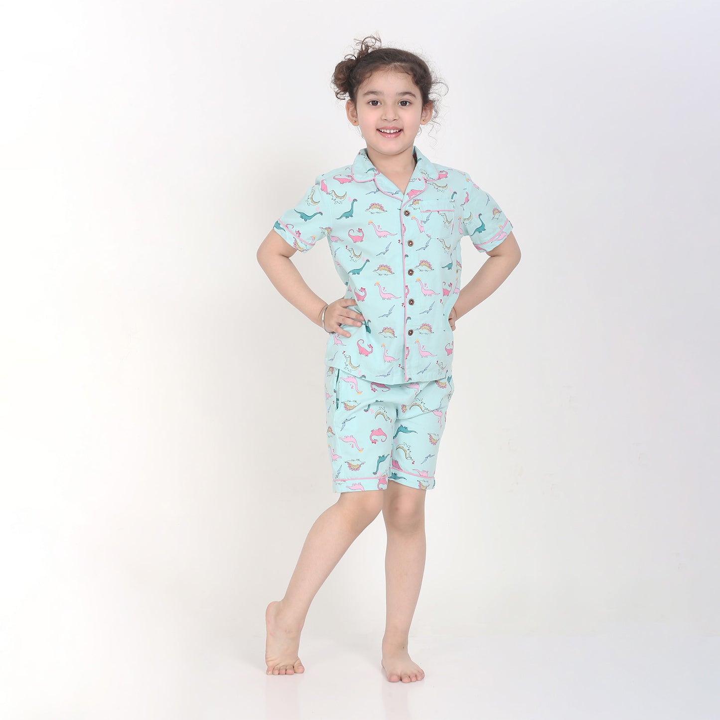 Notched Collared Sleepsuit in Dino Print for Girls